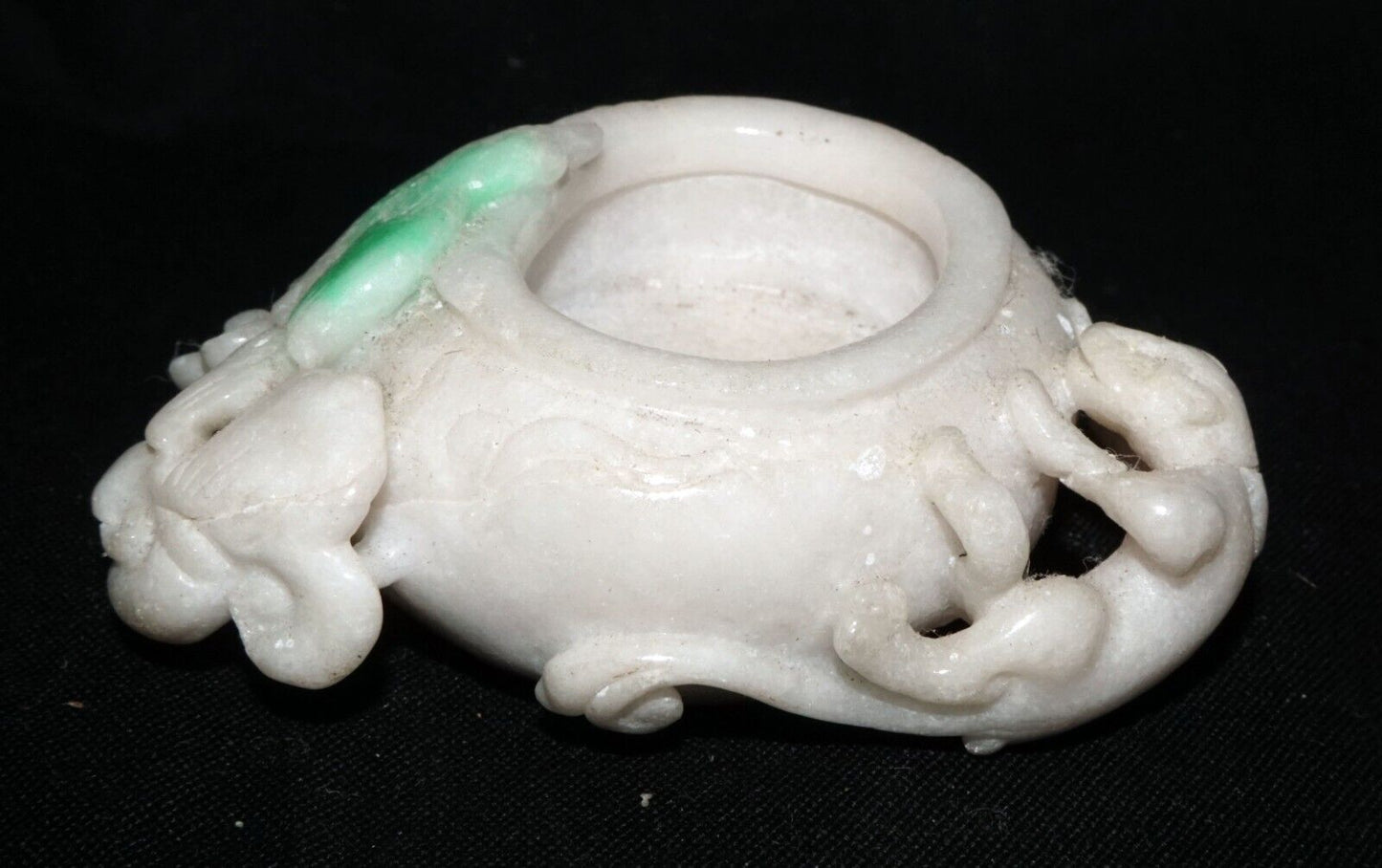 Vintage Chinese White & Apple Green Jade Mini Brush Washer Dragon Bird (LeS) G11