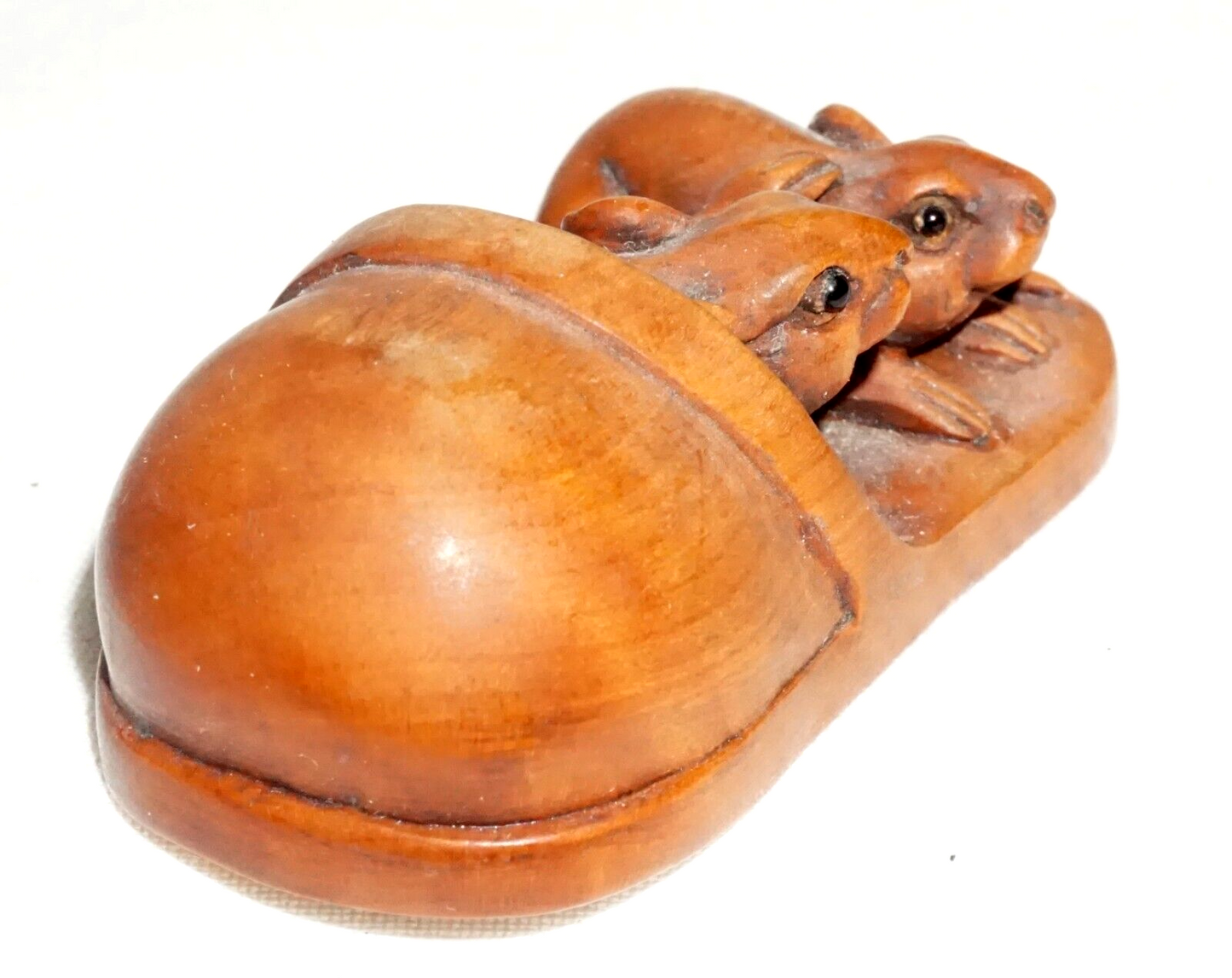 Vintage Japanese Carved Wooden Netsuke Two Mice in a Loafer (FeH