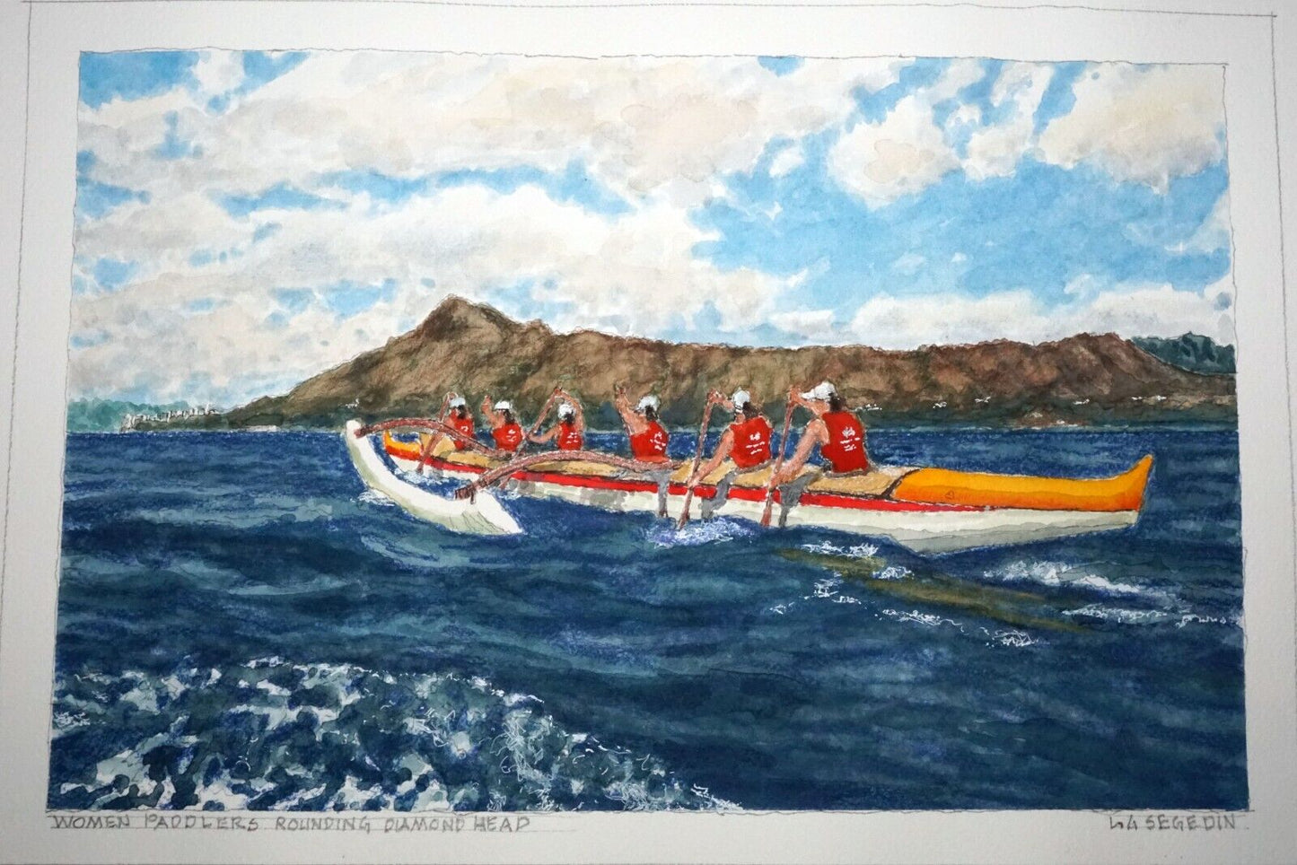 Hawaii Watercolor Painting Woman Paddlers Rounding Diamond Head L. Segedin #193