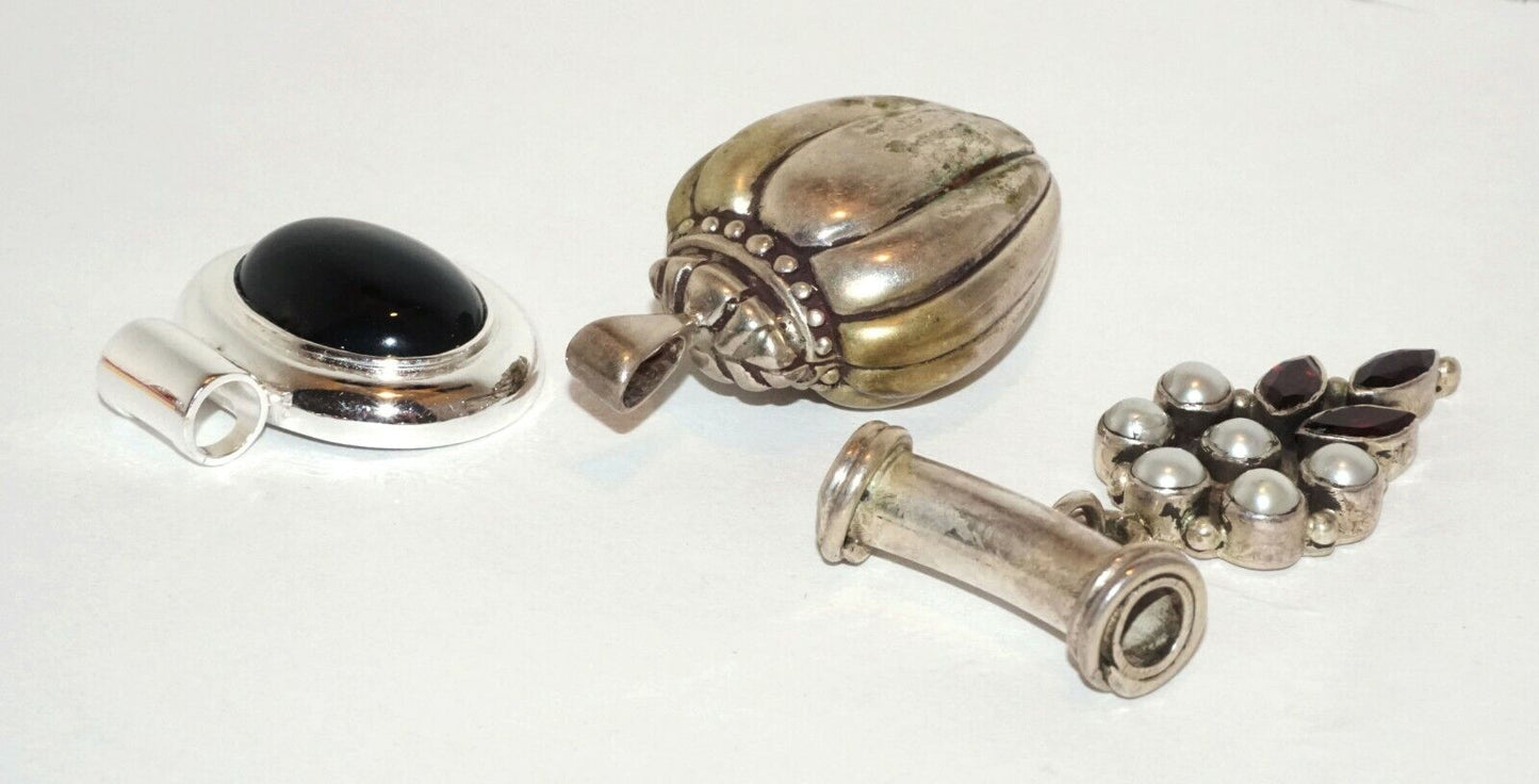 3Pc Vintage Sterling Silver Pendant Lot w. Garnets, Pearls & Onyx (HaL)#16
