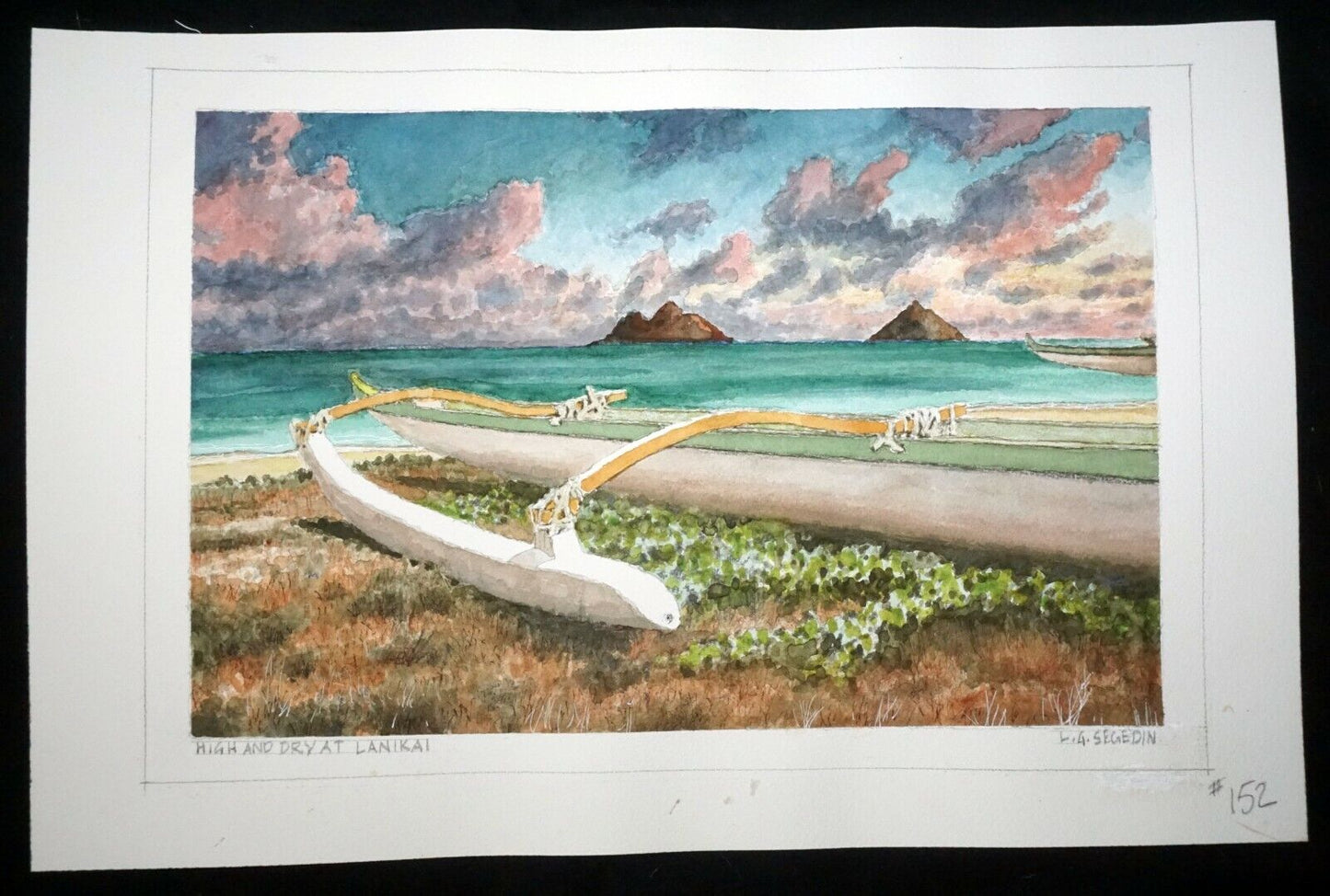 Hawaii Watercolor Painting Outrigger Canoe High & Dry @ Lanikai L. Segedin #152