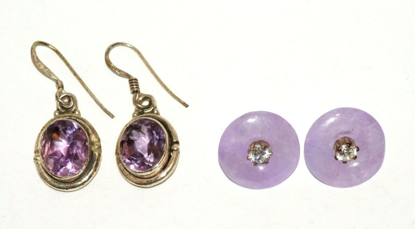 2xPairs Modern Silver Earrings w. Amethysts and Lavender Jade & CZ (HaL)#24