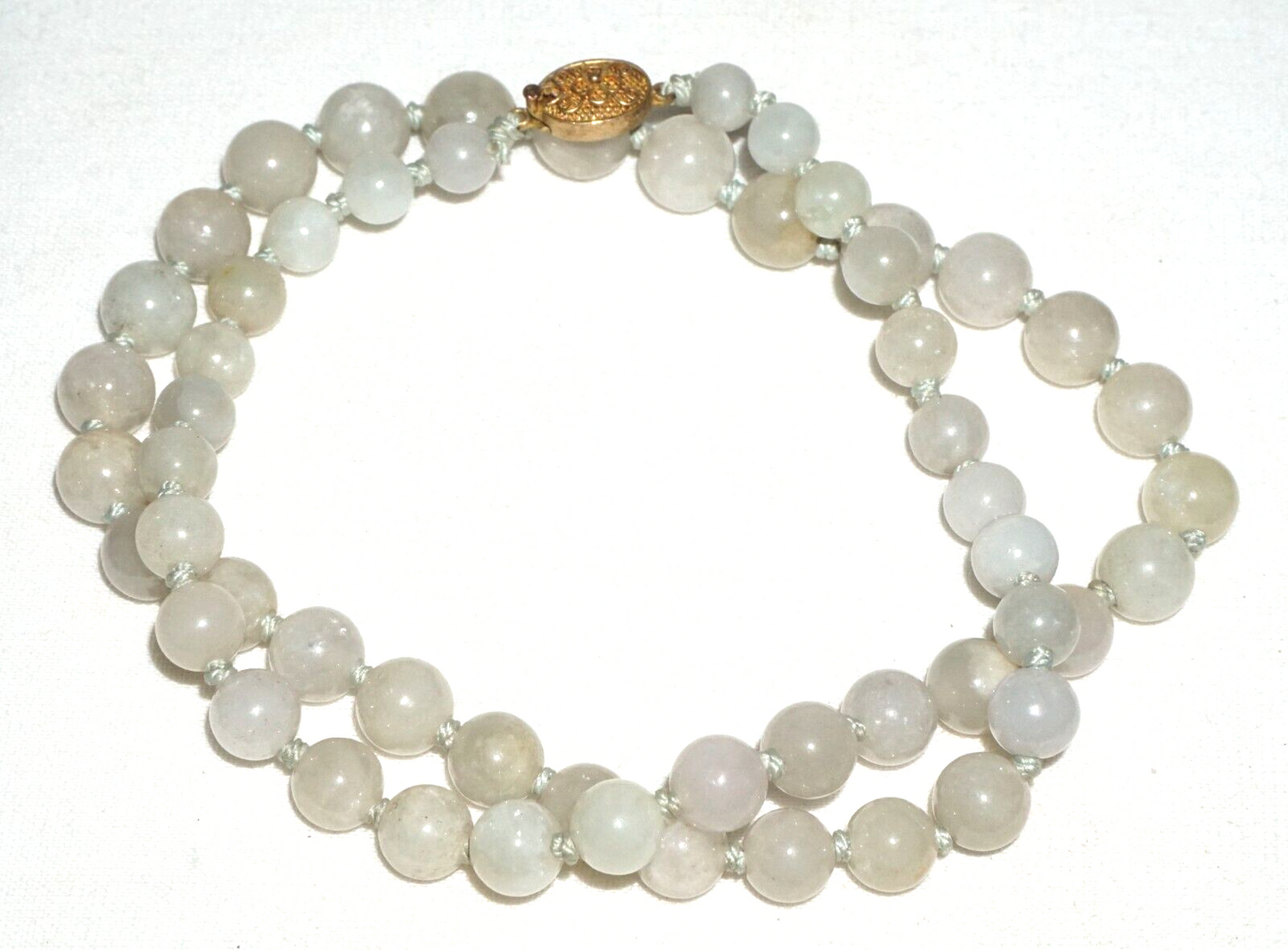Vintage Chinese Grey Green Jadeite Jade Bead Necklace w. Silver Clasp (---)#3