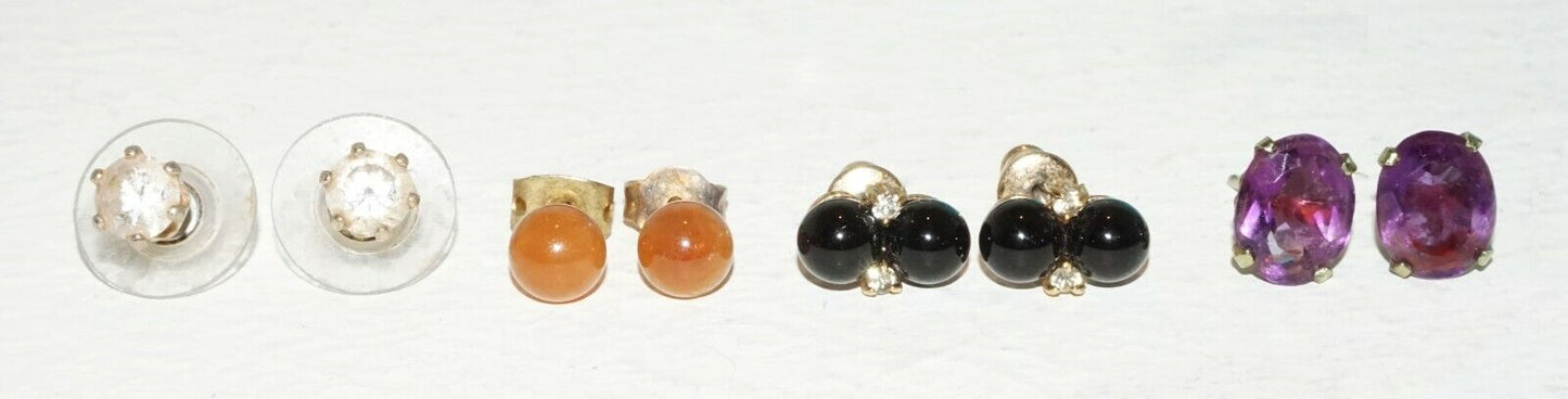 7x Pairs Stud Earrings w. Onyx Diamonds Jade Amethyst & Synthetic Gems (BrM)#41