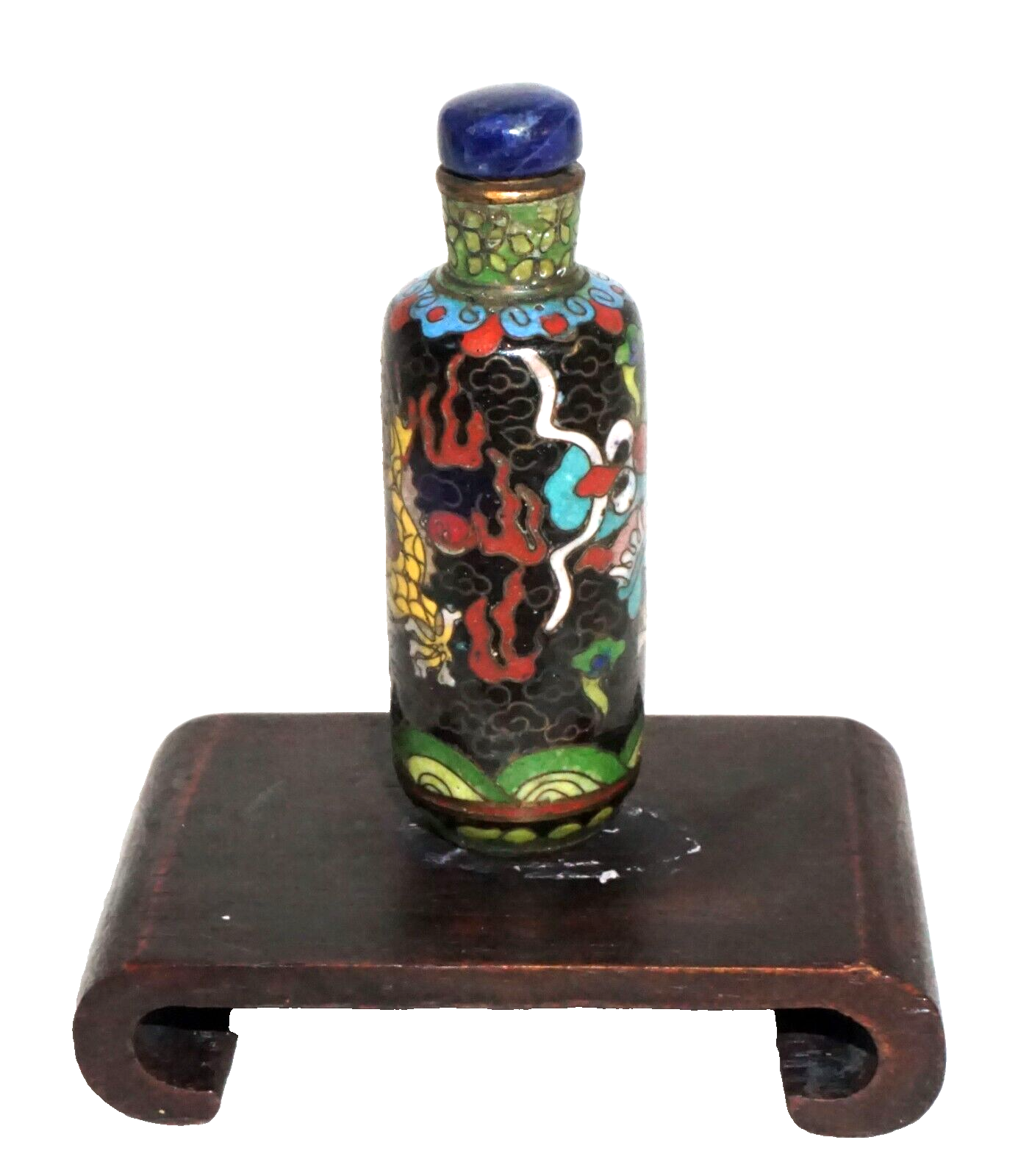 Vintage Chinese Cloisonné Snuff Bottle Writing Dragon Motif w. Sodalite (Kai)
