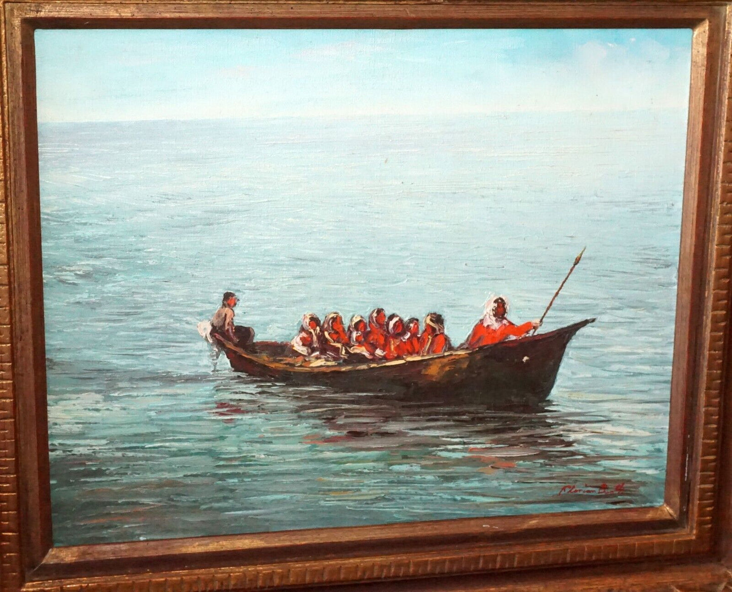 Vintage US Framed Oil Painting Native American in a Boat by Florian Barth (New)