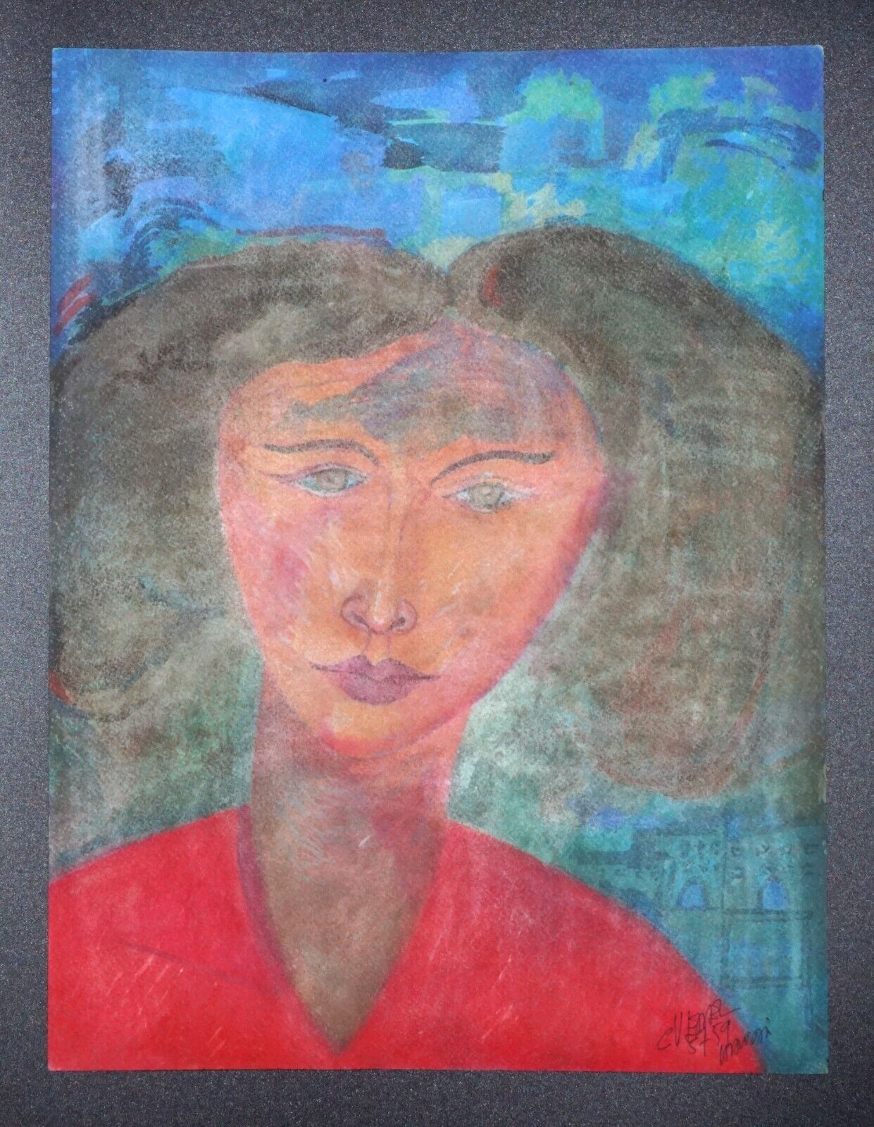 '80s France Hawaii Outsider Art WC Painting Young Girl by Claude Vedel (EtJ)#34