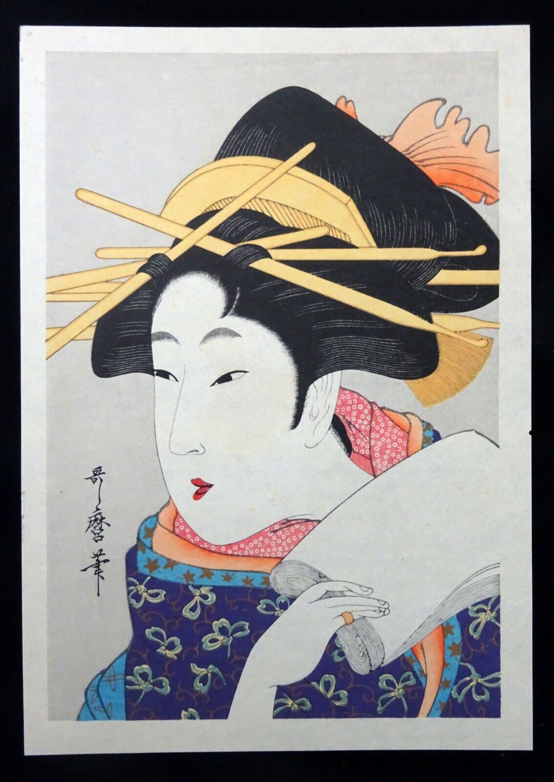 Vintage Japanese Woodblock Print Repro Geisha Holding Paper by Utagawa (Fuj)