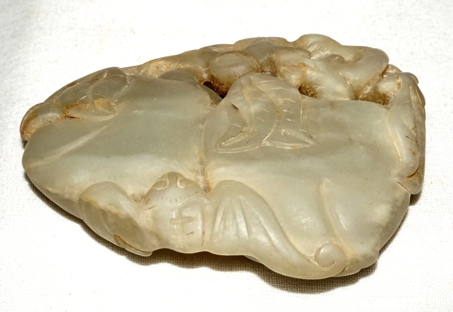 Antique Chinese Large Jade Carving Double Peaches & Double Bat Motif (Les)L21