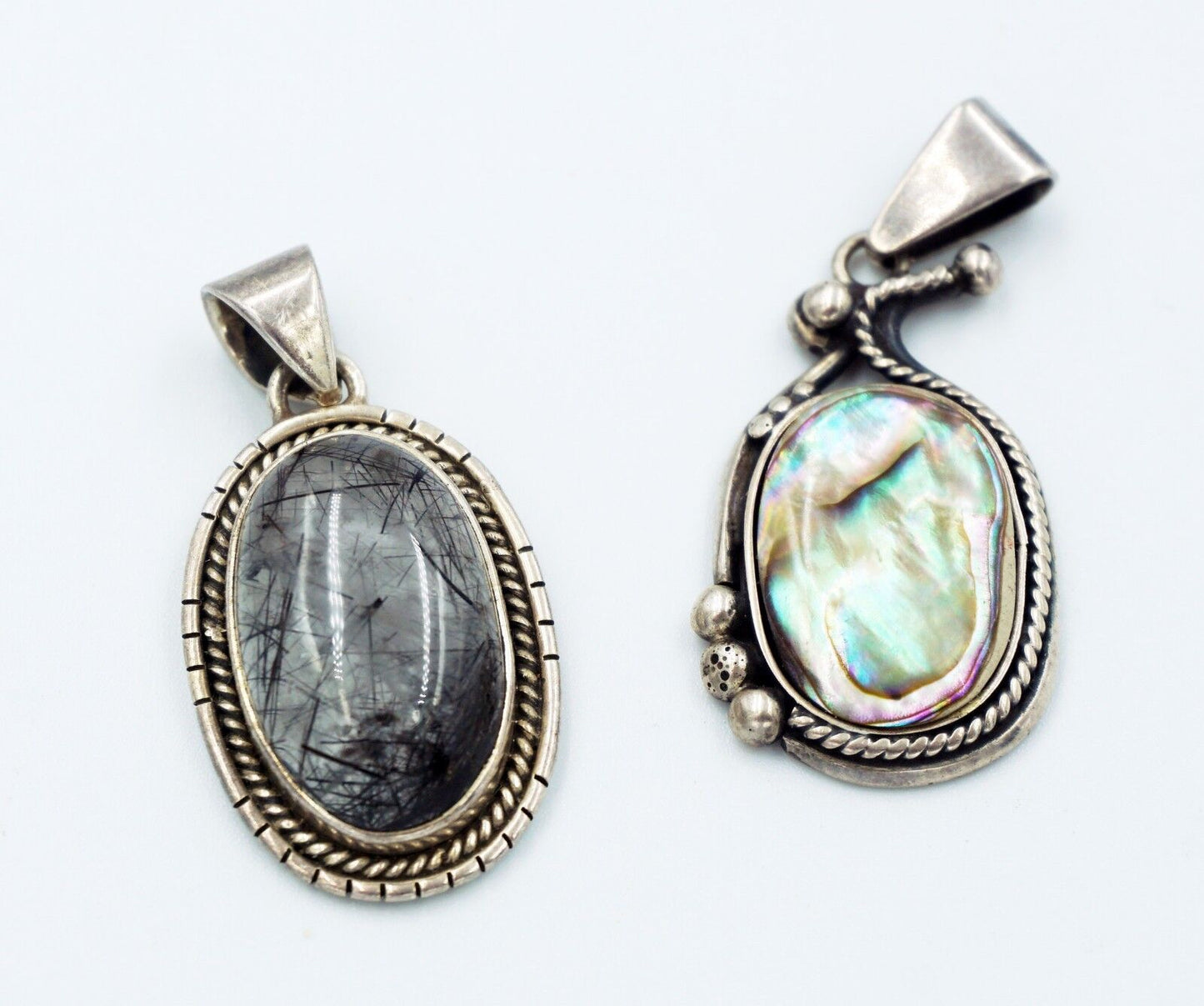2x Vintage Sterling Silver Pendants w Hair Crystal & Abalone Shell Accents (Tra)