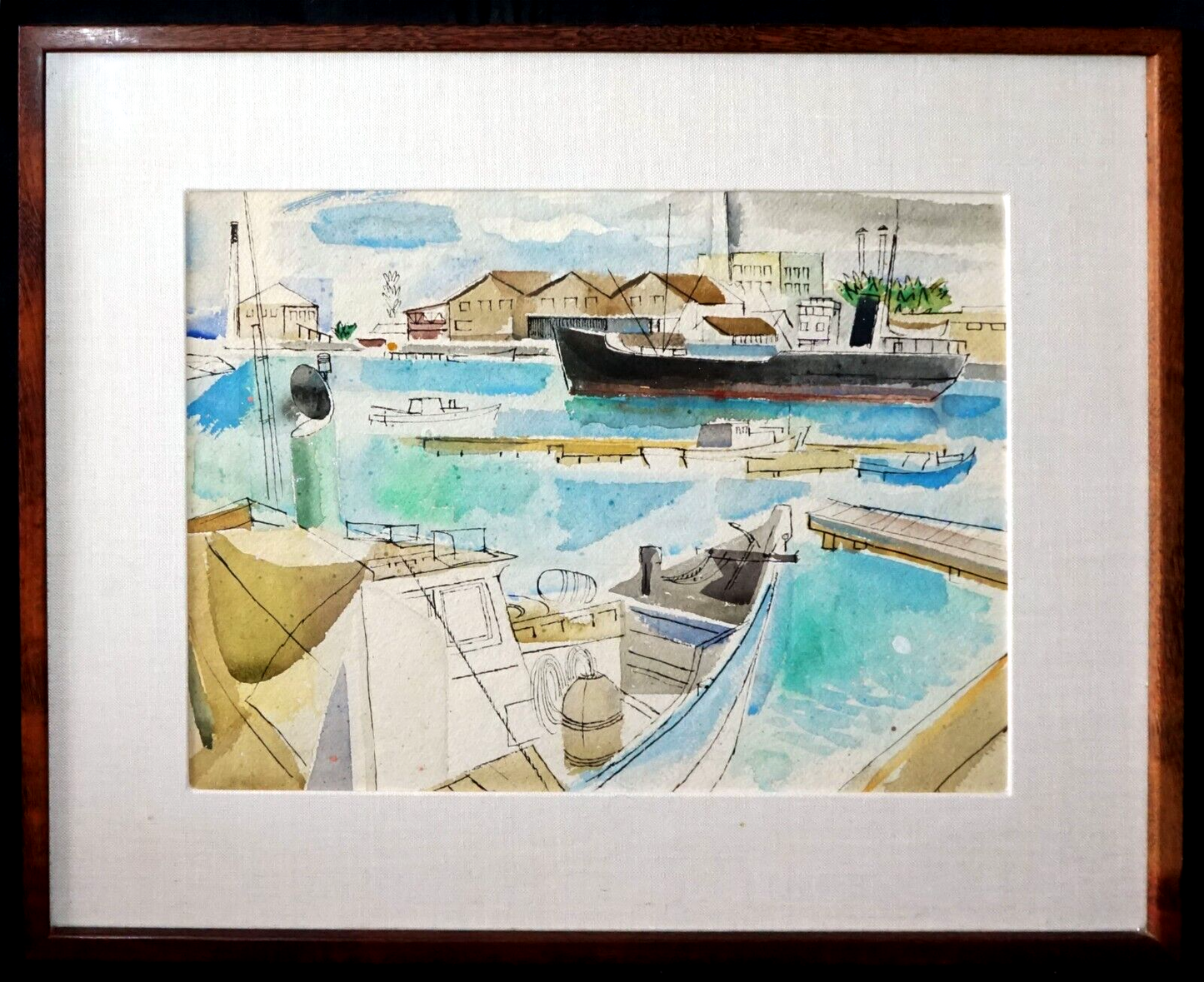 1960 Hawaii Watercolor Painting Honolulu Harbor by Keiichi Kimura (1914-88)(PeN)