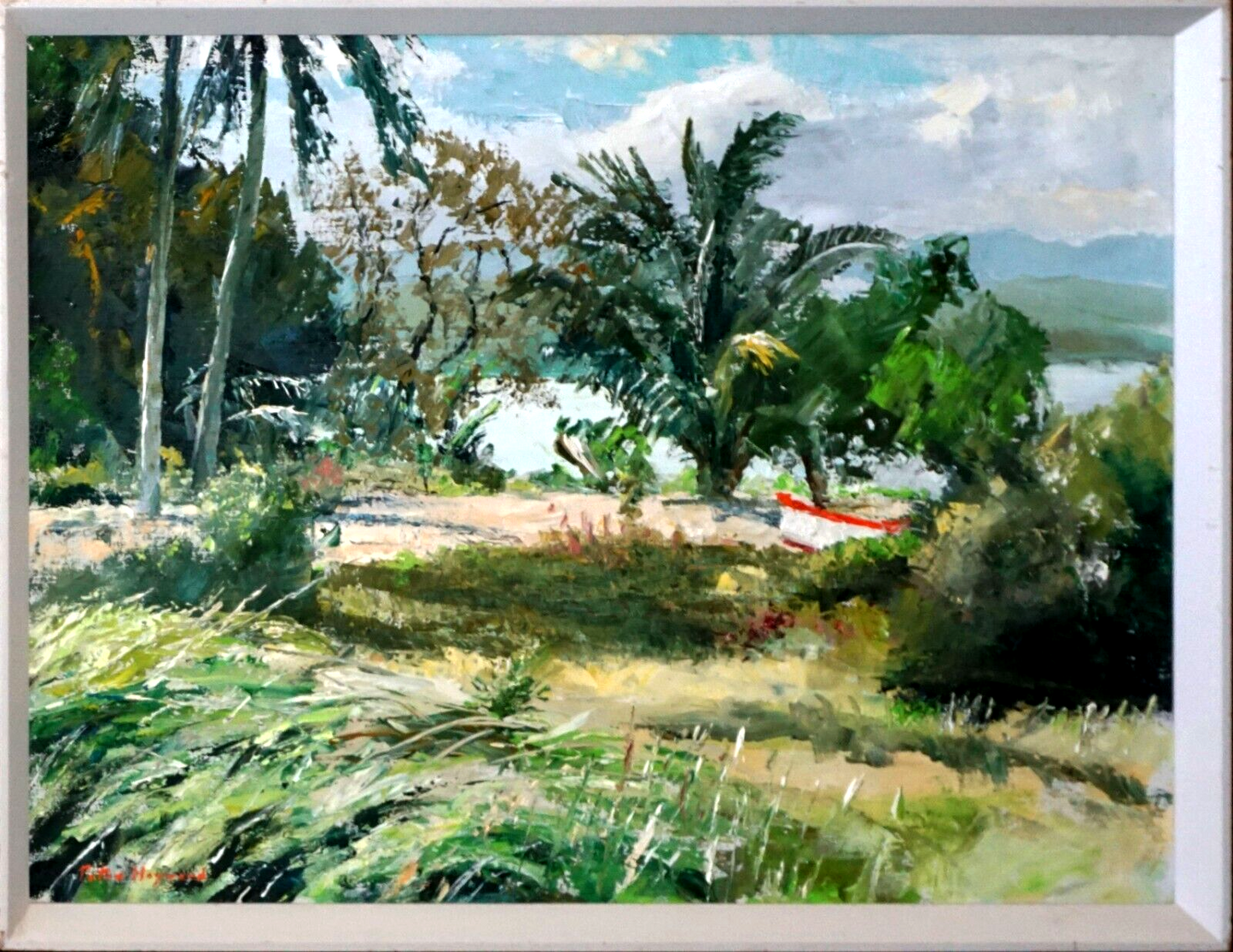 Vintage Hawaii Oil Painting of Tranquil Beach w Boat by Peter Hayward (OsL)