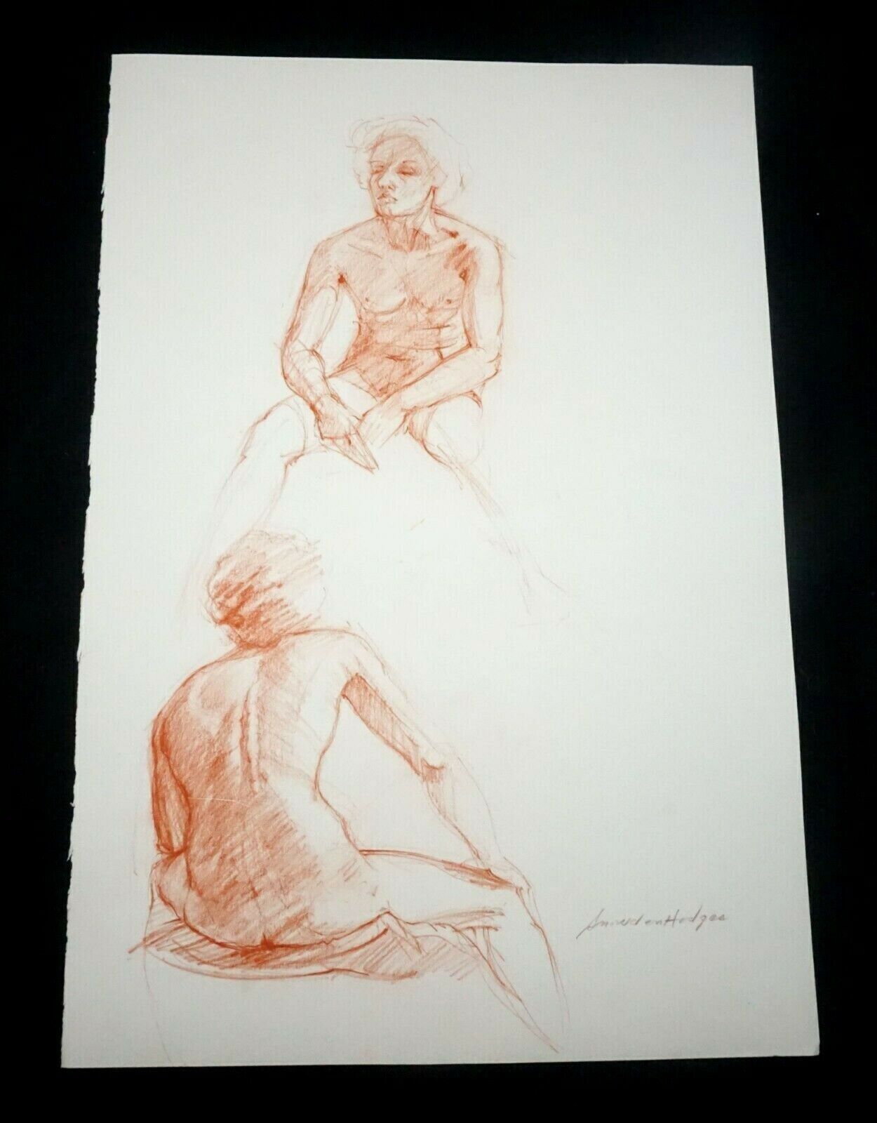 Hawaii Conte Crayon Drawing Seated Male Nude Back View Snowden Hodges (Sho)#28