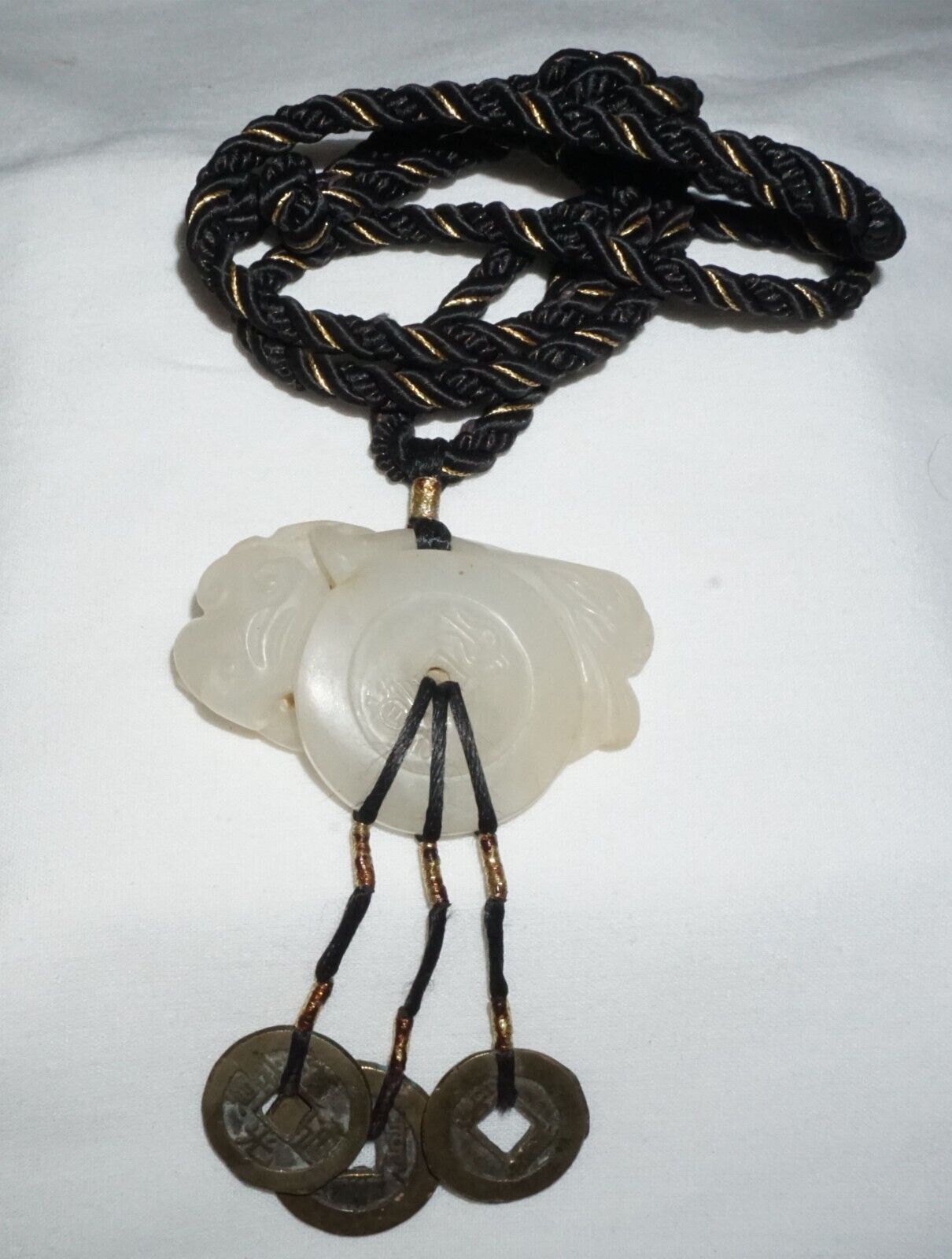 19C Chinese Nephrite Jade Pendant w. Bat & Coin Motif on Cord Necklace (FeL)