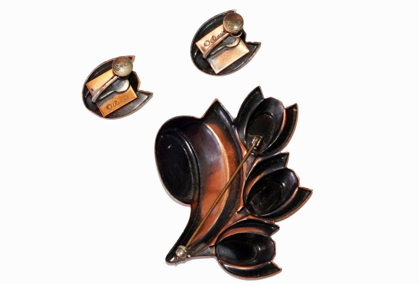3Pc1950s Copper Tulip Motif Brooch Pin & Ear Clips Set by Renoir (Hod)