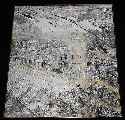 HAWAII ABSTRACT GRAPHITE PAINTING "CRANES FLYING over PALACE" by JEFF DUNN (BTG)
