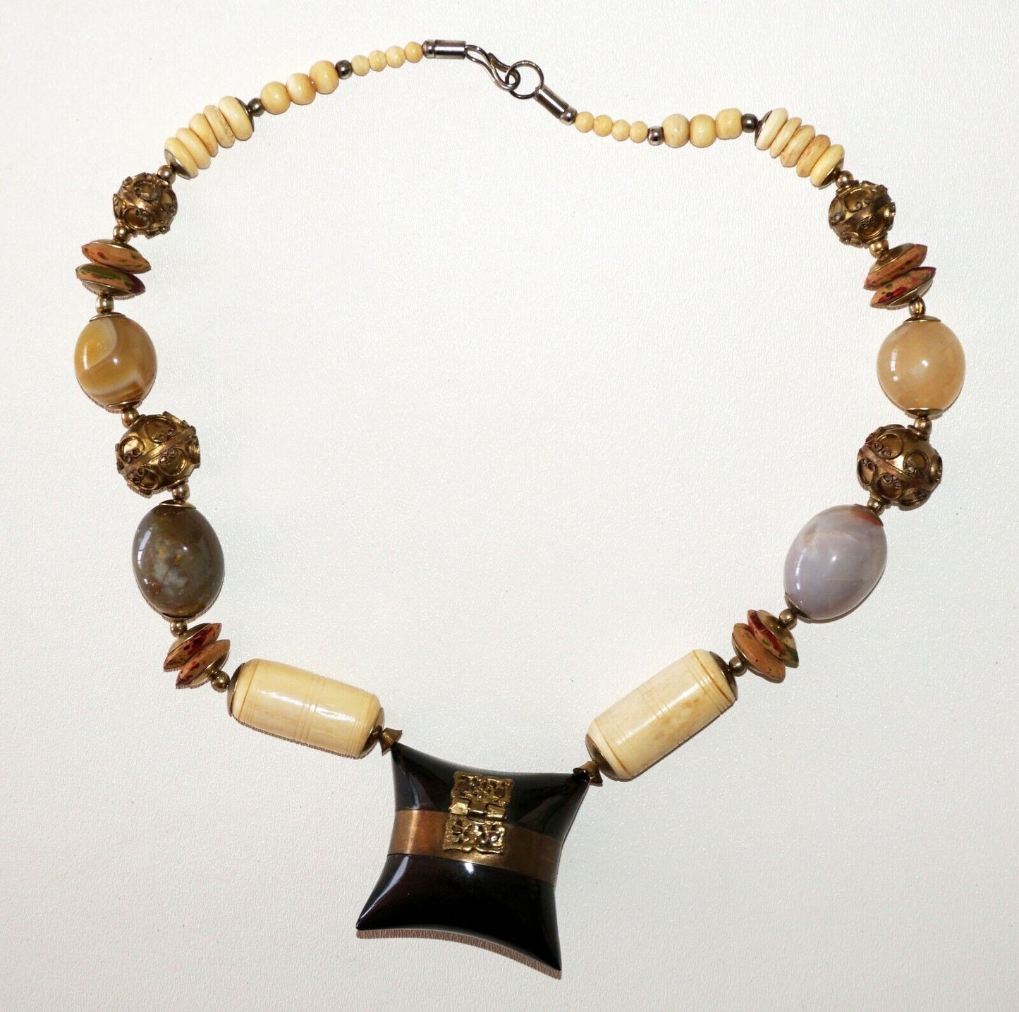Modernist Bone Stone Brass Bead Necklace w. Resin Pillow Locket Pendant (Bsg)#39