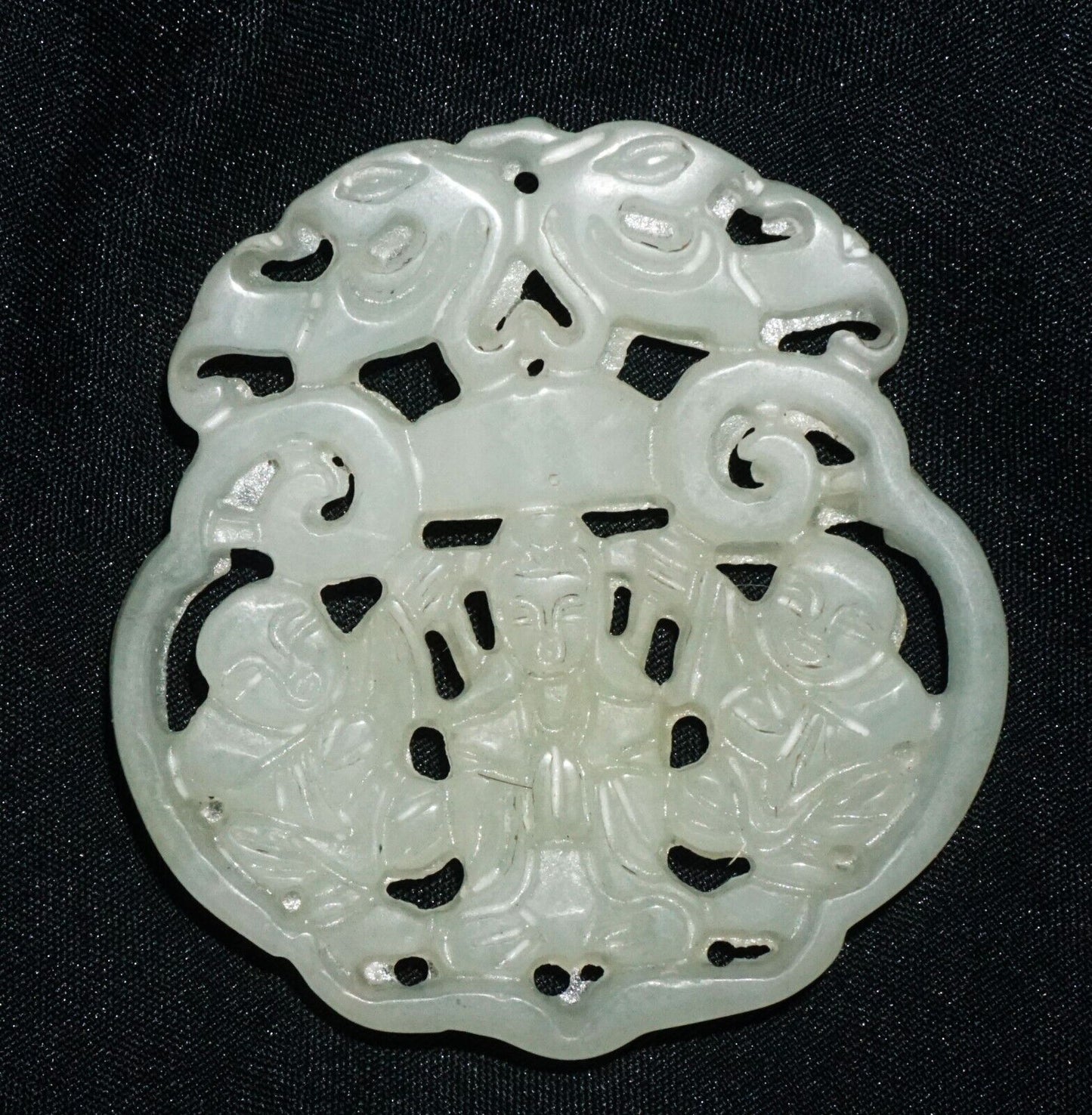 Antique Chinese Nephrite Jade Pierced Pendant Kwan Yin & Twin & Bat Motifs (---)