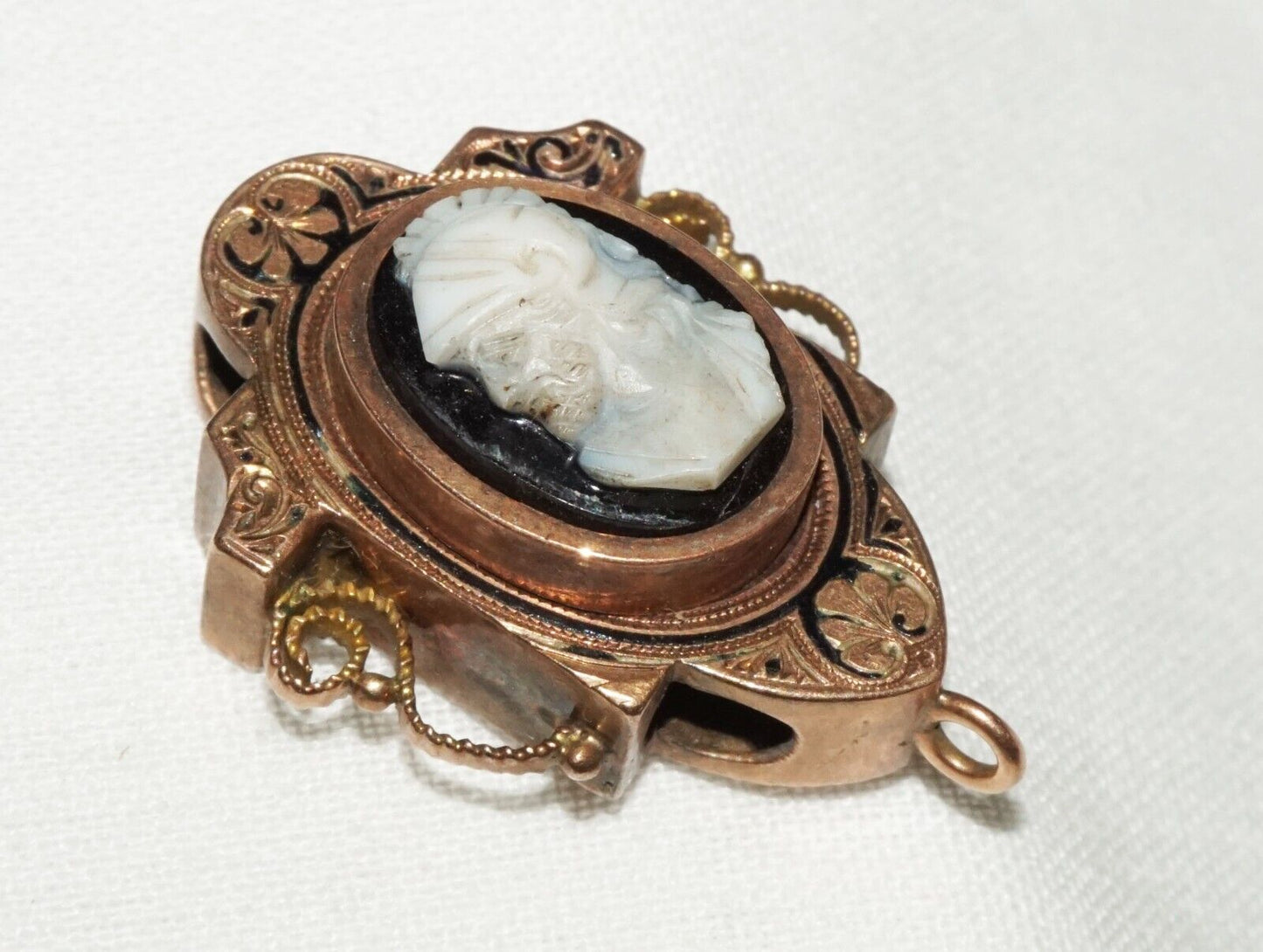 Antique Rose Gold & Black Enamel Slide Pendant w Shell Cameo Soldier Motif (AHB)
