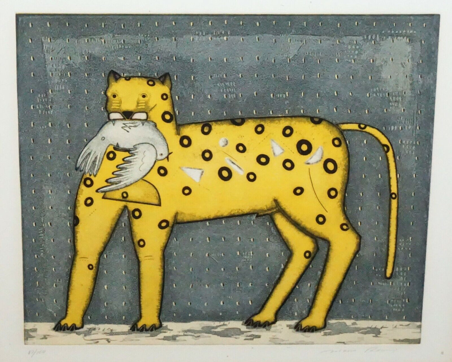 Vintage Color Etching Print 87/100 "Leopard w. Dove" by Mano Romero (ChA)