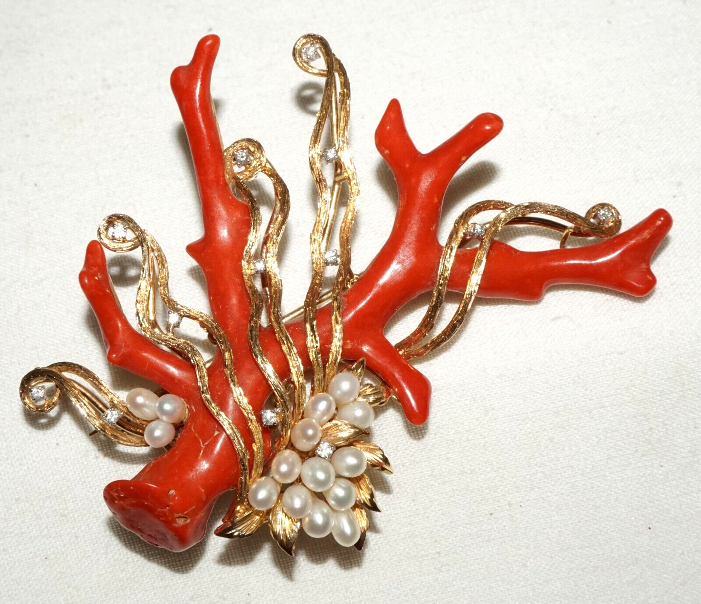 Vintage HK 14K Yellow Gold Brooch Pendant w Coral Branch Pearls & Diamonds (PaS)