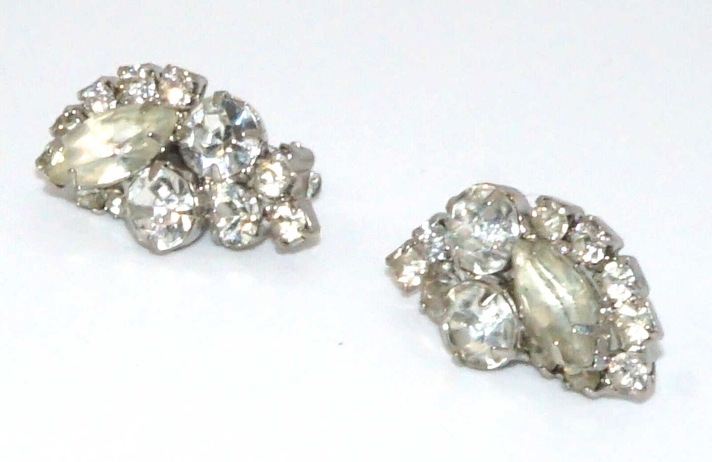 Vintage Silver tone Rhinestone Clip On Earrings w Round & Marquise Stones (McC)