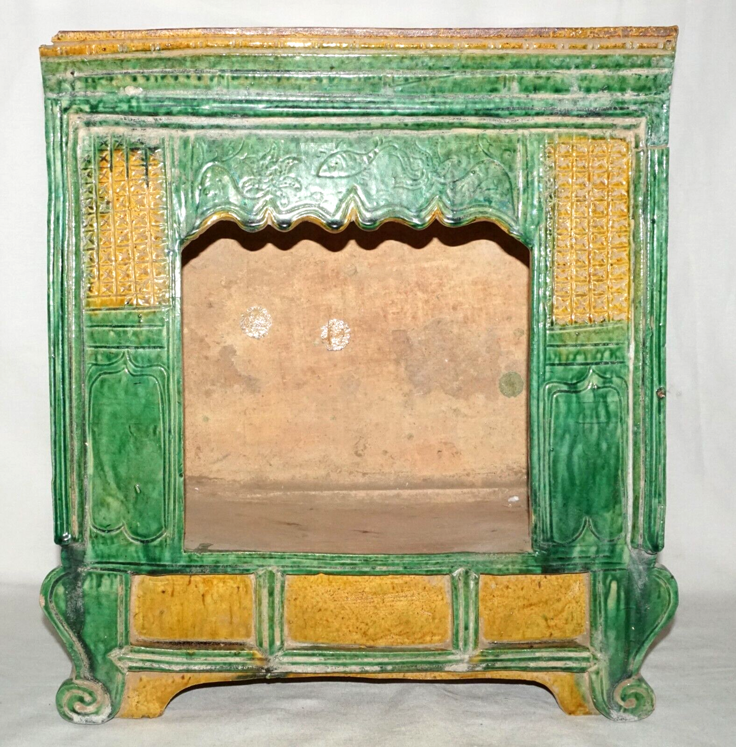 Antique Chinese Ming Green & Yellow Glazed Stoneware Mini Bed in Box (UVi)#11 IC