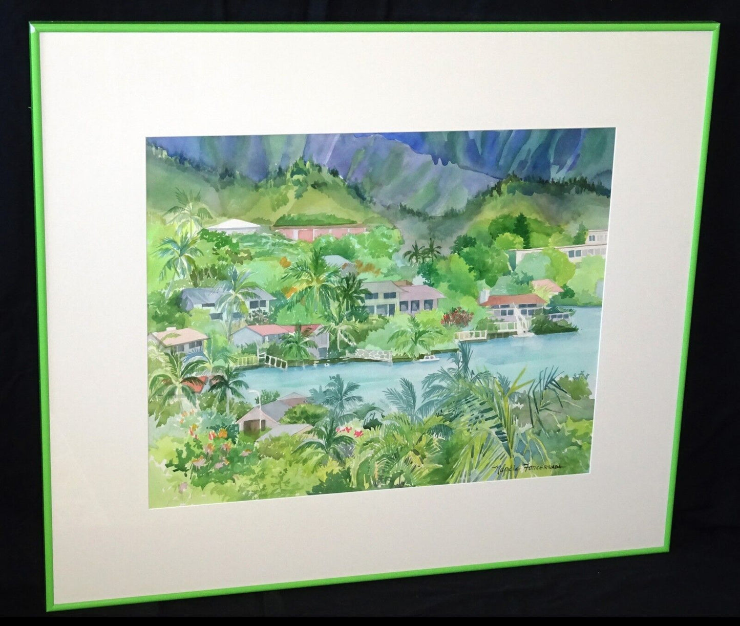 1990s Hawaii WC Painting "Windward Oahu Bay View" by Nancy Foncerrada (MoJ)