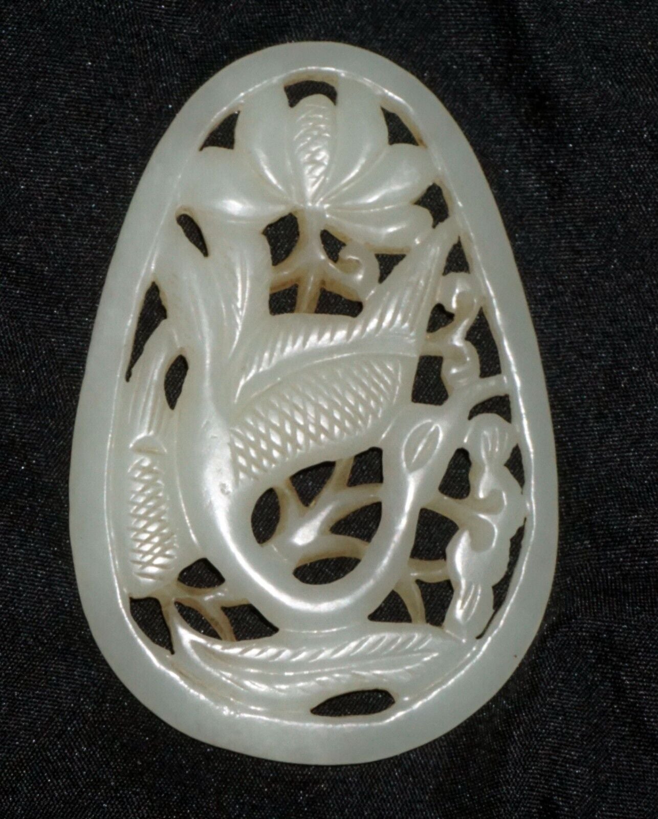 Antique Chinese Nephrite Jade Pierced Pendant Crane & Floral Motifs (---)