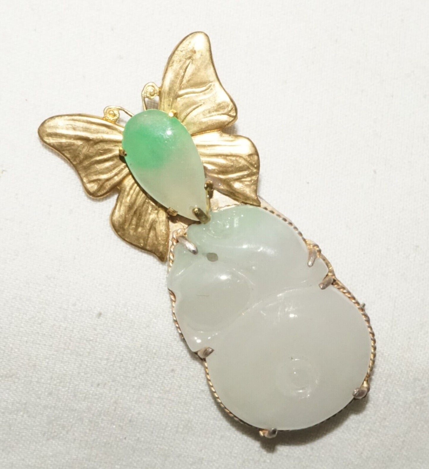 Vintage Chinese Fashion Jadeite Jade Butterfly Motif Brooch Pendant (LeP)