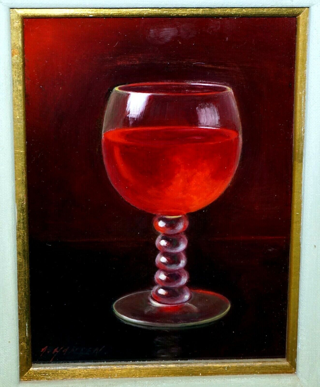 Vintage US Framed Oil Still Life Painting Wine Glass by A. Hansen (FeO)