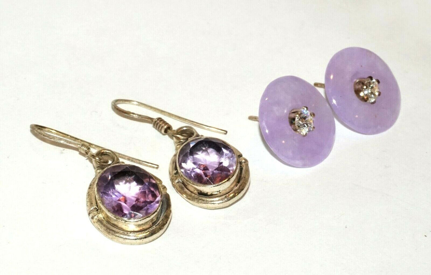 2xPairs Modern Silver Earrings w. Amethysts and Lavender Jade & CZ (HaL)#24