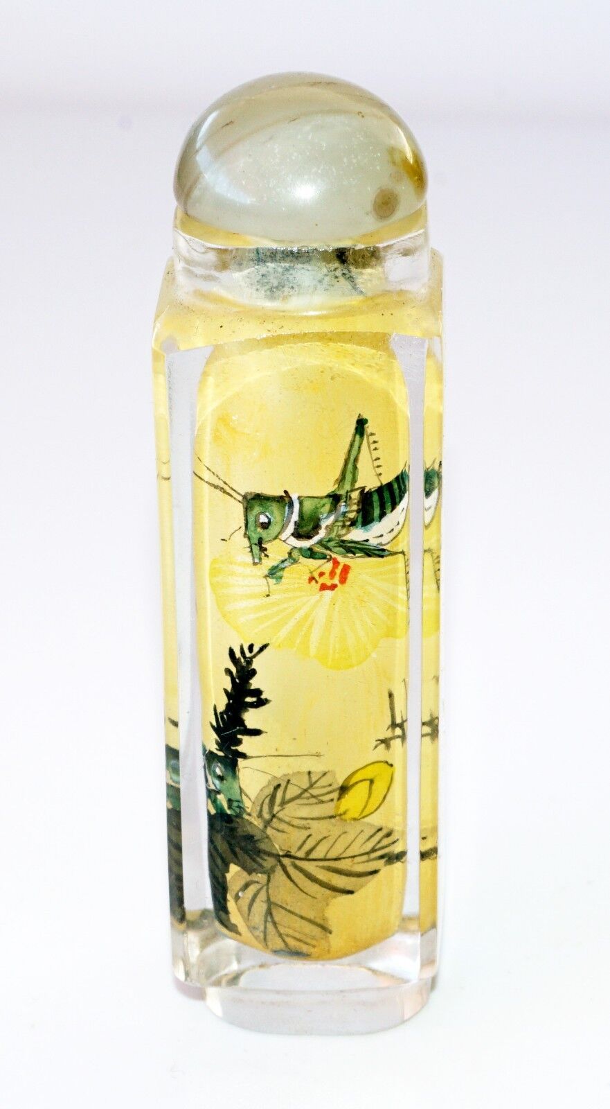 20C Chinese Square Inside Painted Glass Snuff Bottle w. Hard-stone Stop (Pal)