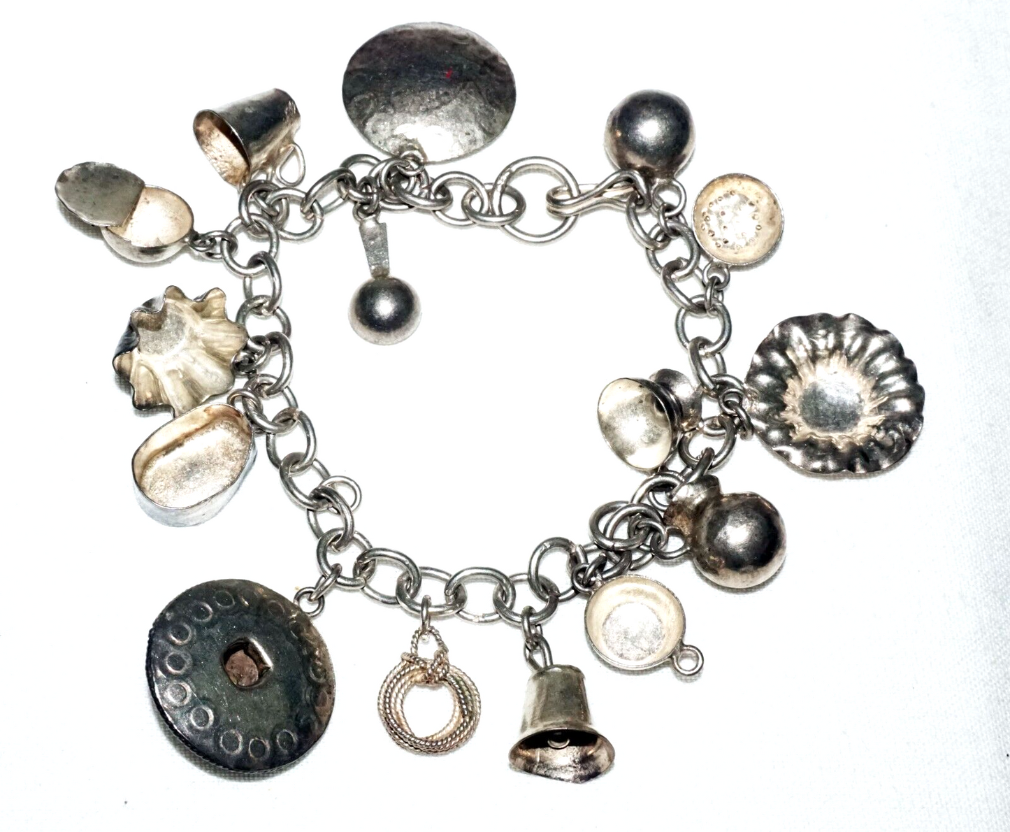 Vintage Mexican Sterling Silver Bracelet w. 15x Kitchen Motifs Charms (PiC)