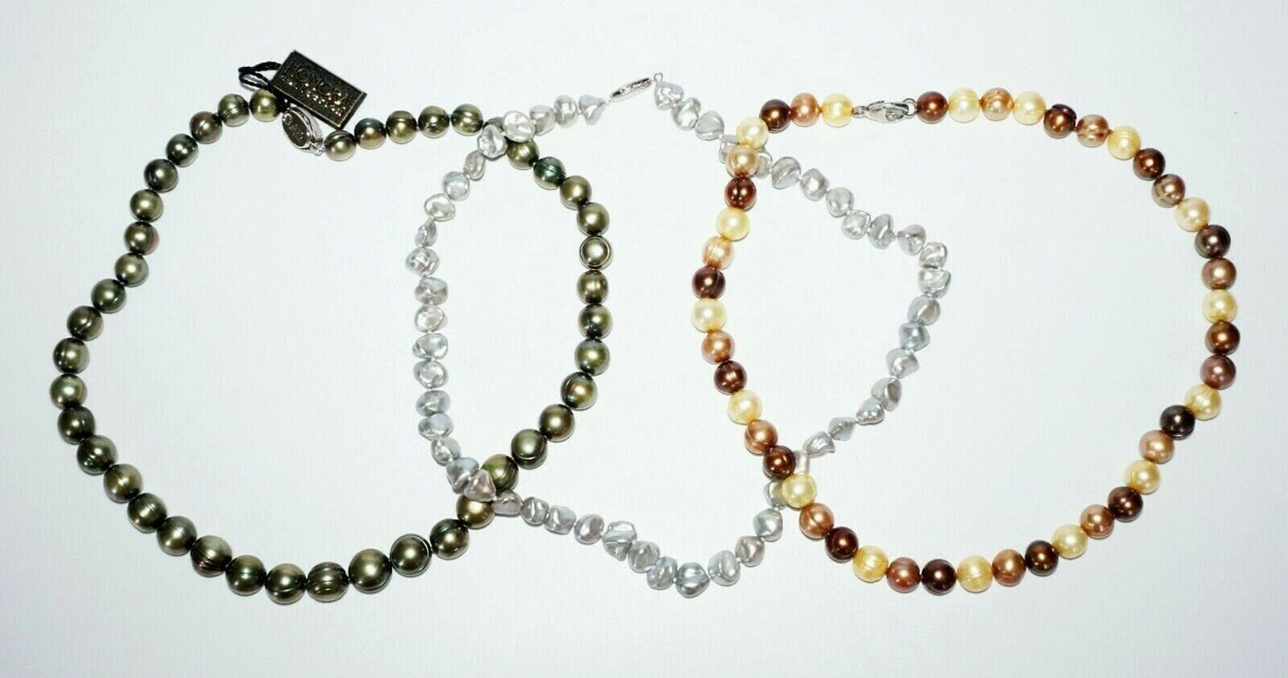 3Pc Multicolored Single Strand Pearl Necklaces w. Sterling silver Clasp(SaR)#452