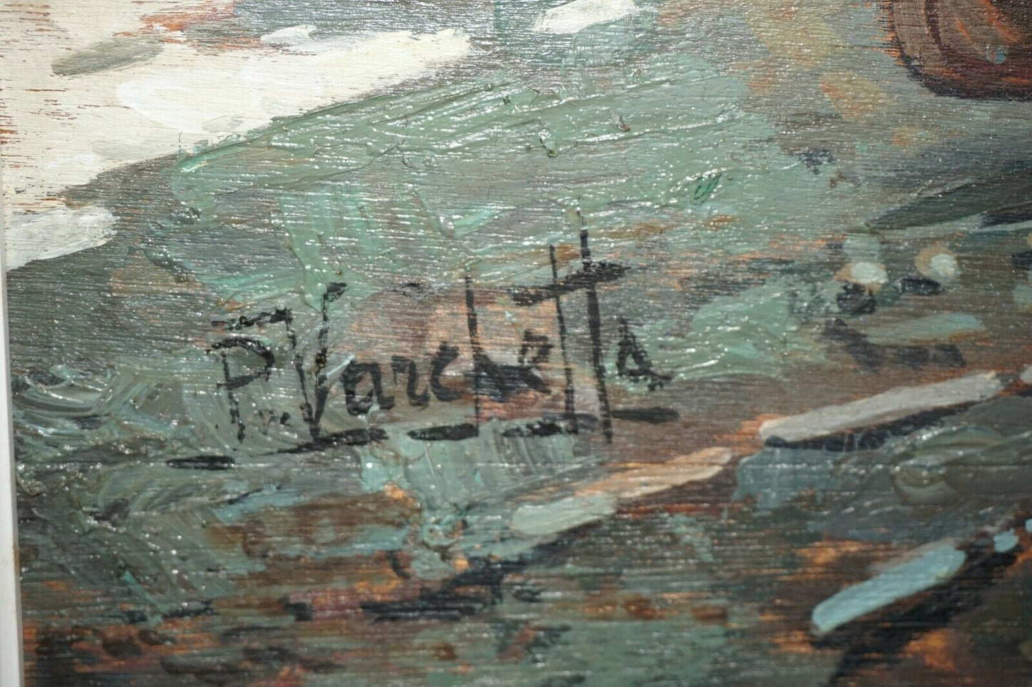 Italian Oil Painting "Fishing Village & Beached Boats" by P. Varchetta (FeO)