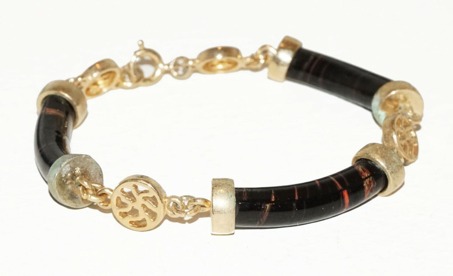 Chinese Gold-plated Black Coral Sectional Bracelet w. Character Motif (BrM)#7