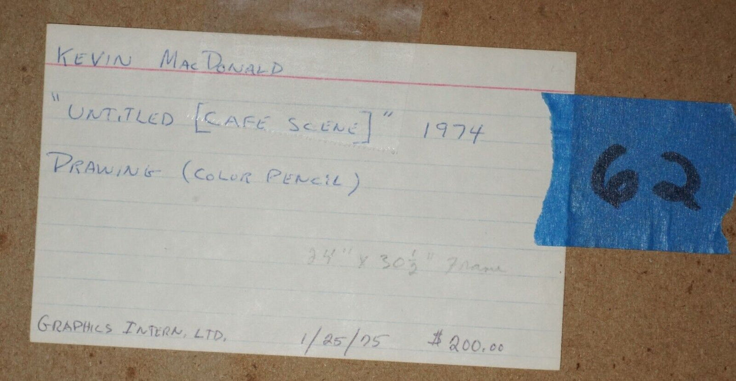 1975 US Colored Pencil Drawing Cafe Scene Kevin MacDonald (1947 - 2006) (PaR)