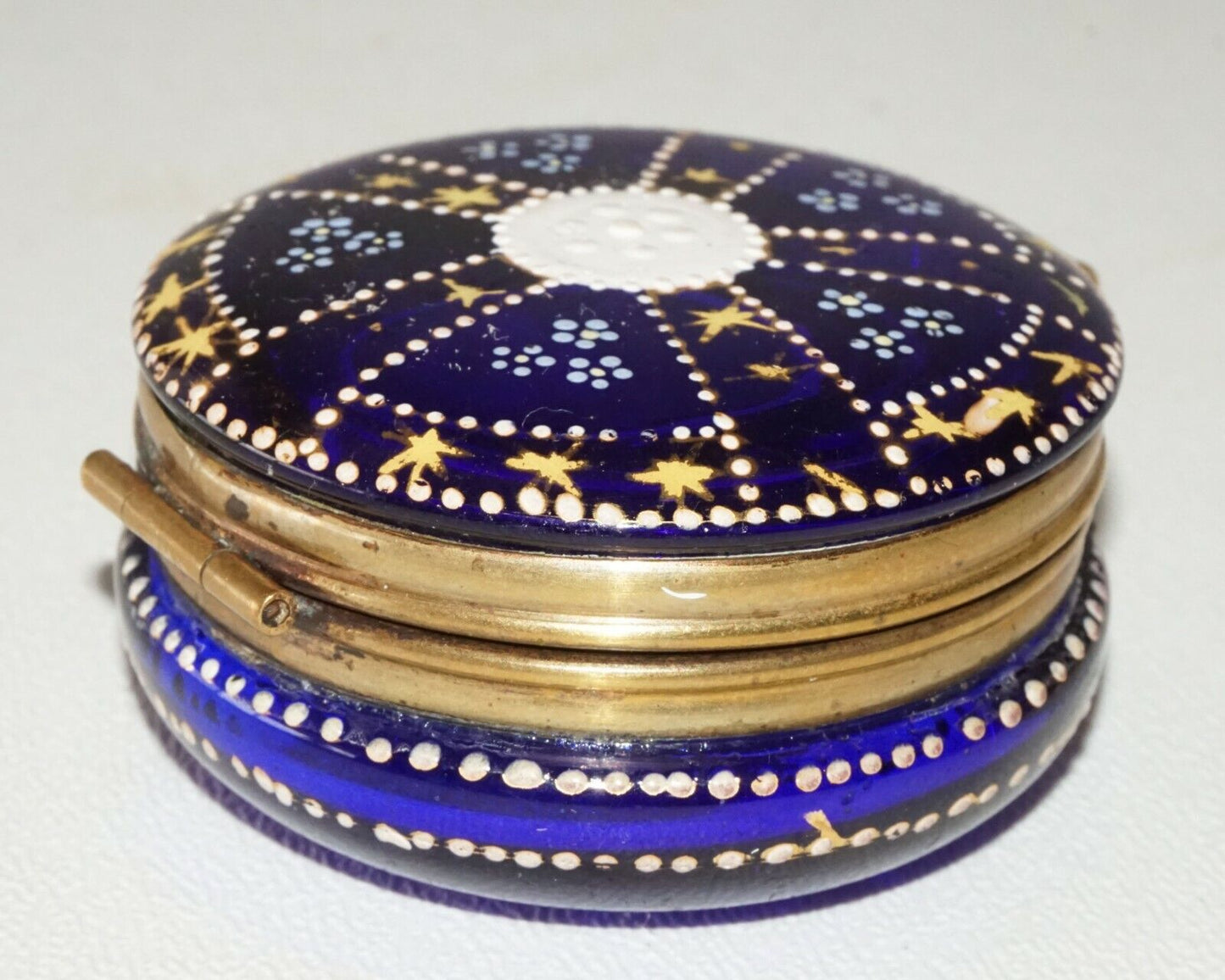 Antique French Hinged Top Cobalt Blue Glass Container w. Enamel Decoration (MoW)