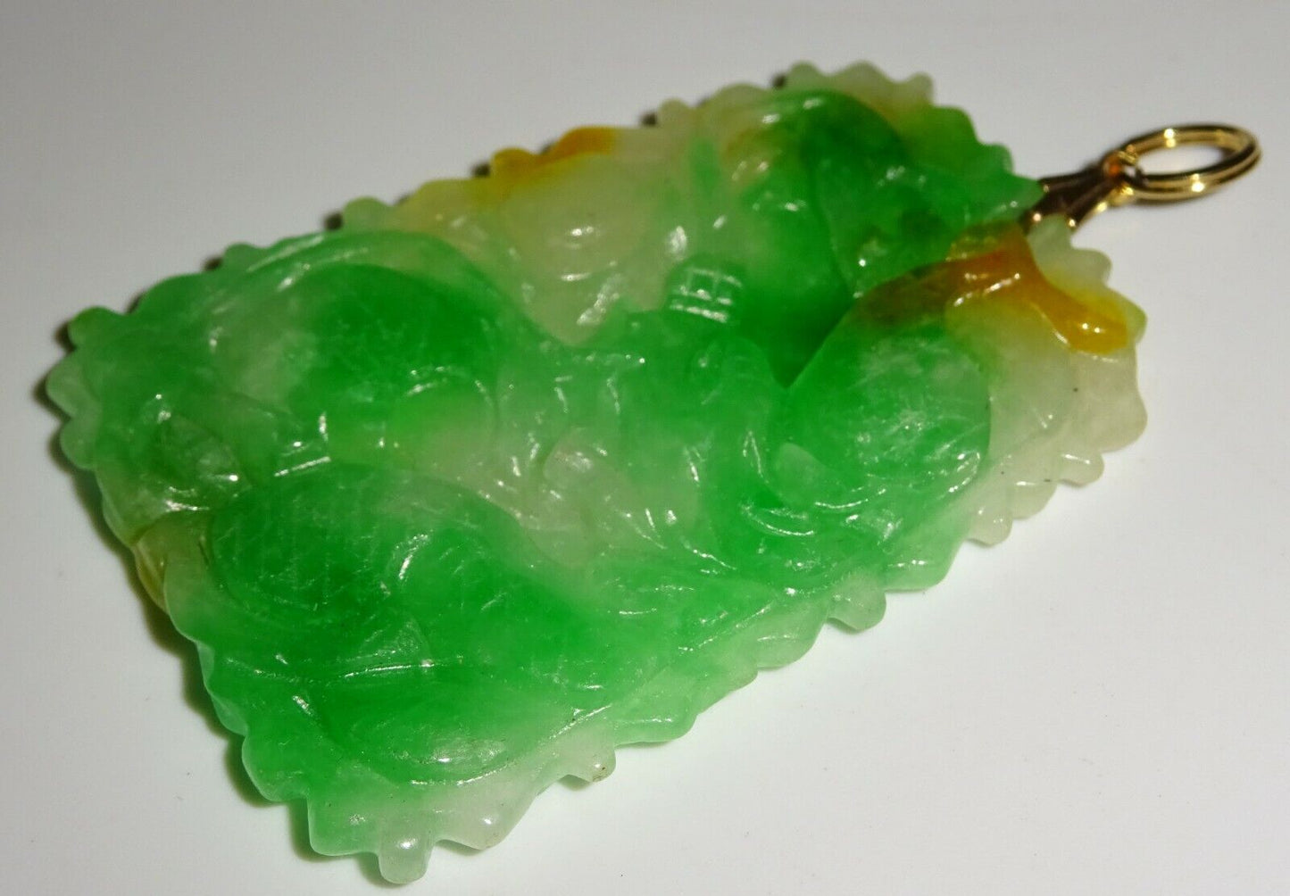 Chinese Jadeite Jade Plaque Pendant w. Writhing Dragon & Pearl Motif (LuD)
