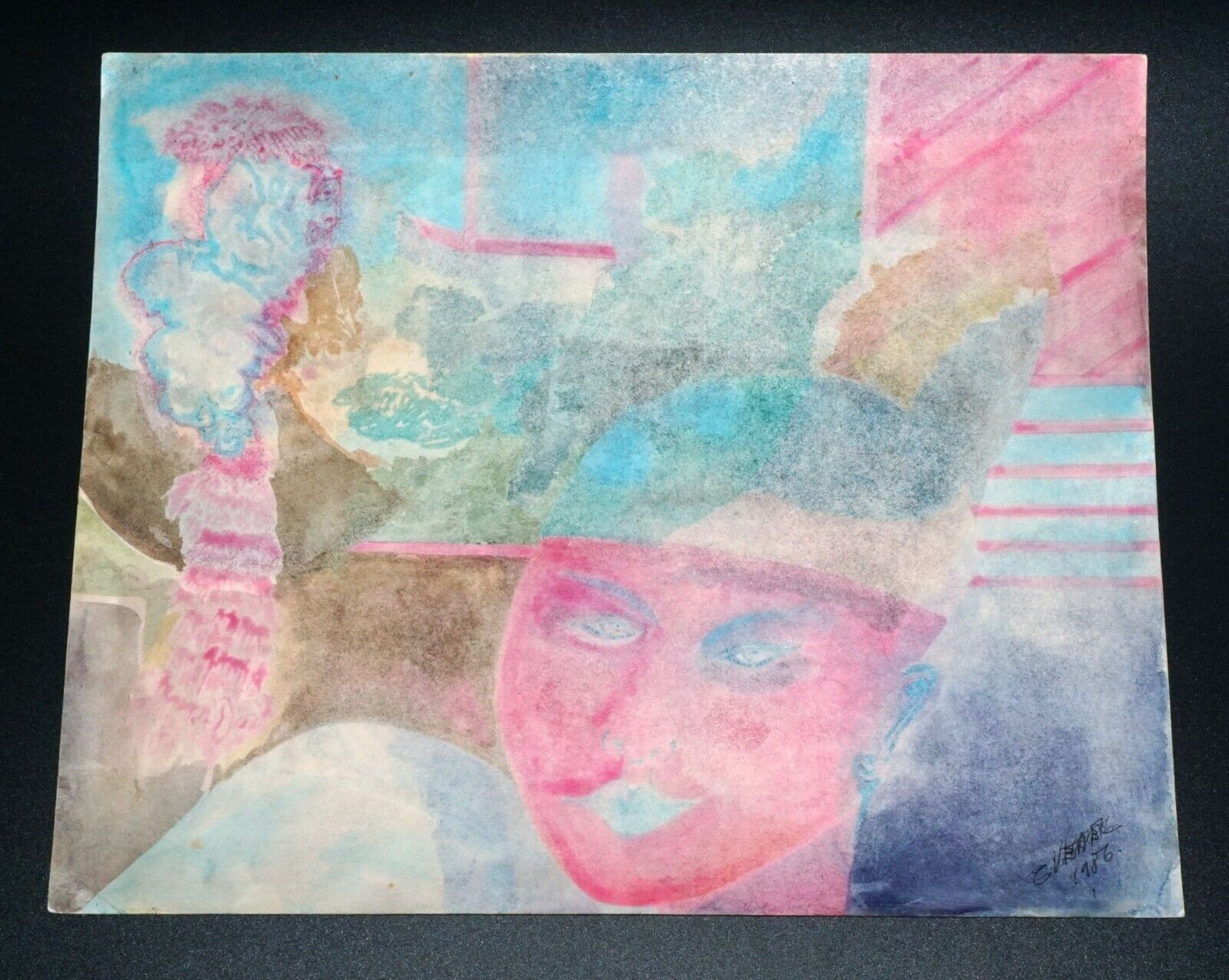 '80s France Hawaii Outsider Art WC Painting Female Figure Claude Vedel (EtJ)#37