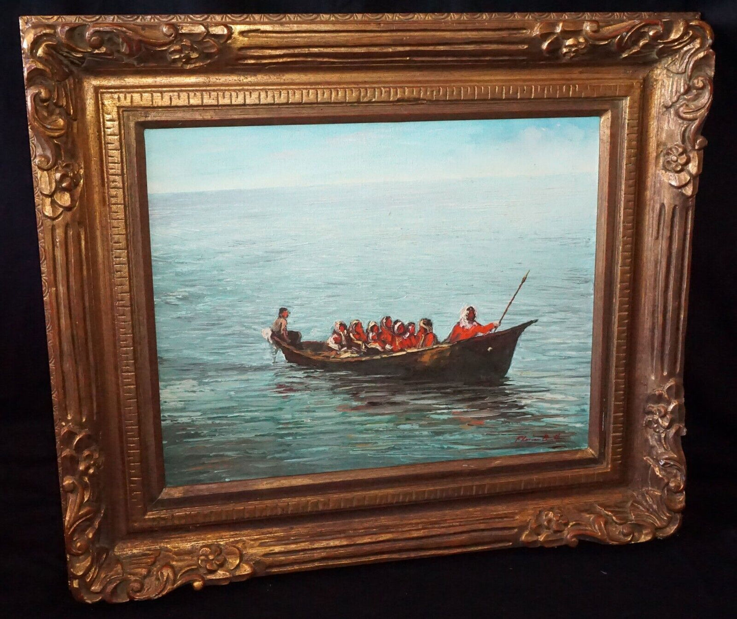 Vintage US Framed Oil Painting Native American in a Boat by Florian Barth (New)