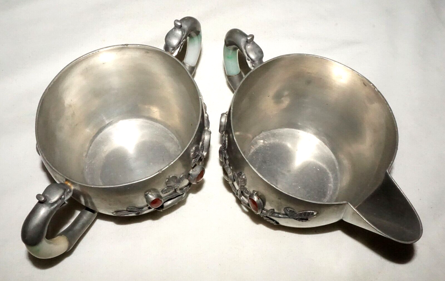 6Pc Vintage Chinese Pewter & Jade & Gemstone Set Cups, Plate, Spoon & Fork (GoB)
