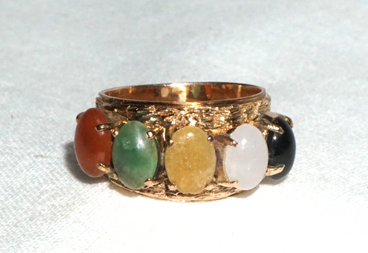 Vintage Chinese 14k Yellow Gold Ring Sz. 5 set w. 5x Multicolor Jades (BrM)L3