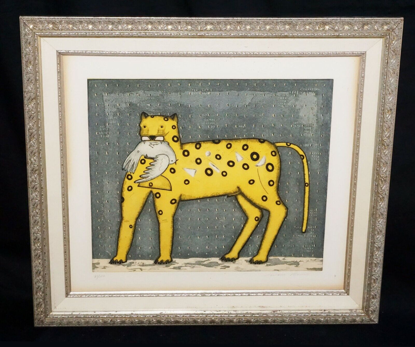 Vintage Color Etching Print 87/100 "Leopard w. Dove" by Mano Romero (ChA)