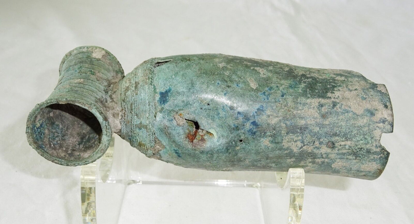 7-11C Thai Dvaravati Period Lop Buri Bronze Bell w. Tube Holder - Excavated