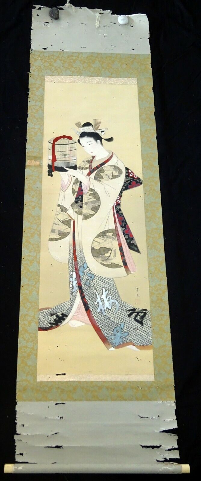 Japanese Taisho Showa Bijin Painting Beautiful Woman w. Bird Cage signed (Fuj)