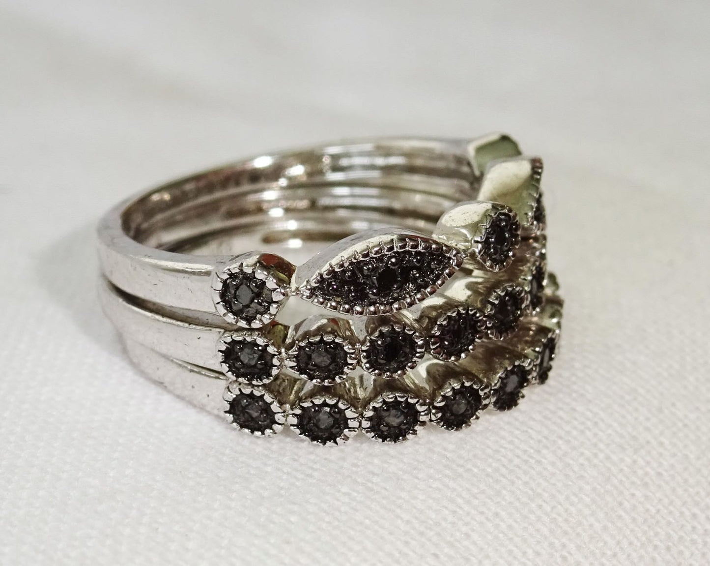 3x Vintage Sterling Silver Rings Sz 5.25 set w. Black Diamonds (Ng)
