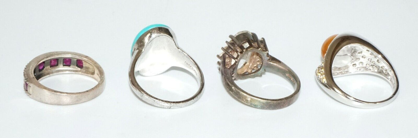 4x Vintage Sterling Silver Rings Sz.8 w. Pearl, Turquoise, Rubies & Cz (SaR)#425