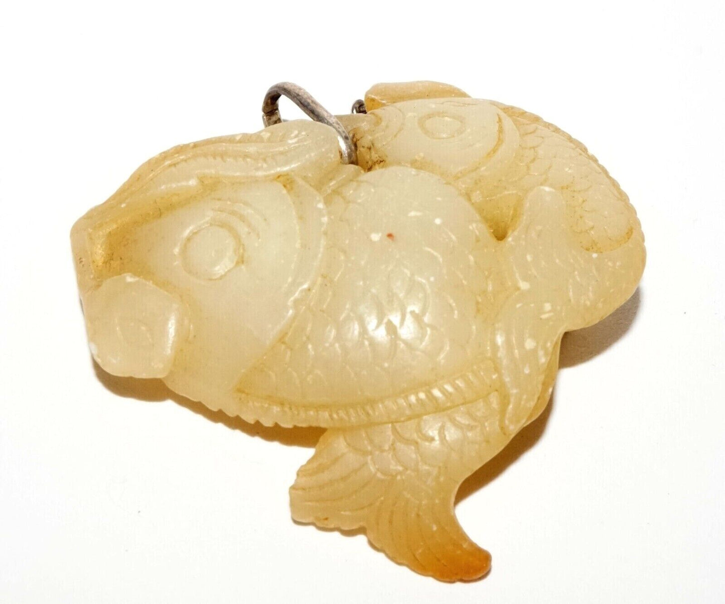 Vintage Chinese Yellow Jade Double Carp Motif Pendant w. Silver Chain (LeS) G9
